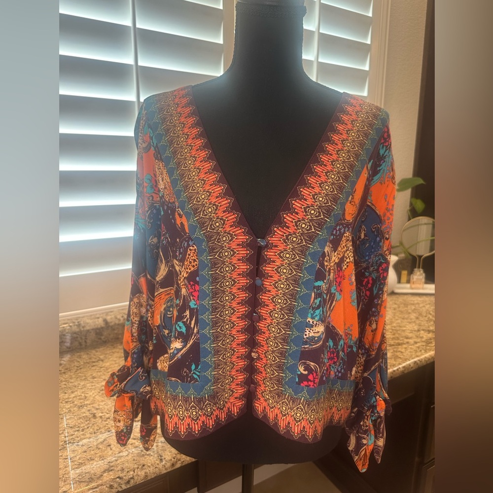 Free People | Boho Leopard Print Tie-Sleeve Blouse | Size Small - Picture 2 of 11